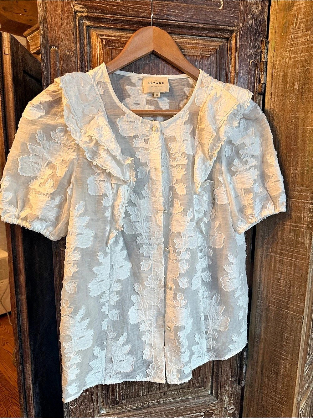 Sézane Floral Ruffle Blouse in Blue & White Size 34 Like New